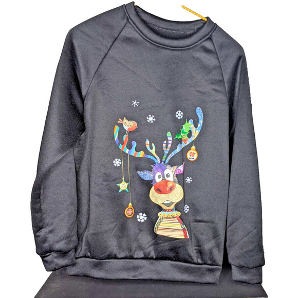 Womens Sweatshirt Holiday Reindeer Black P2P 19" Med? CUTE - Picture 1 of 3